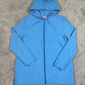 LL Bean Full Zip Hoodie Womens Blue Waffle Knit Lightweight Hooded Jacket Size L